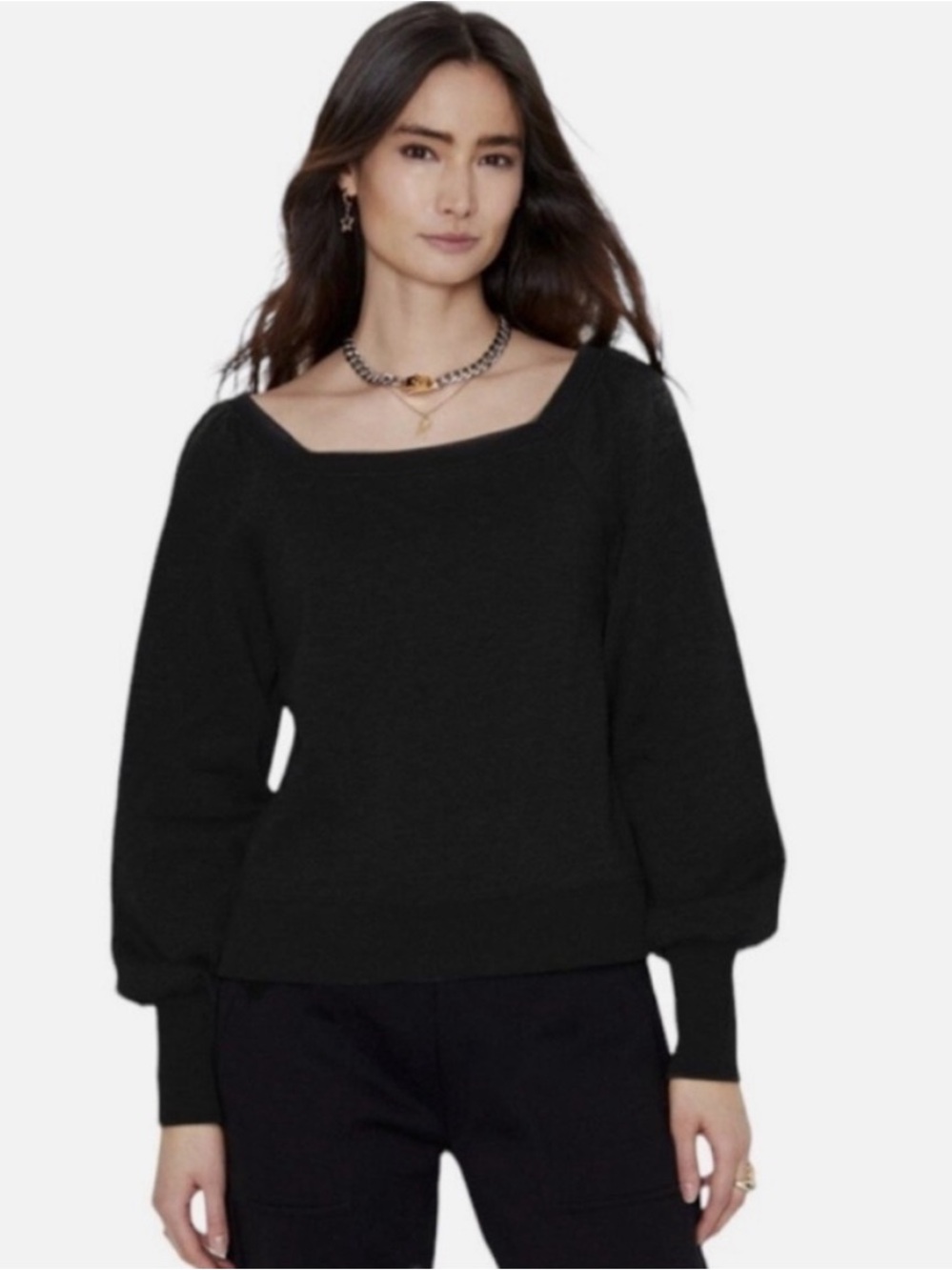 Rebecca Minkoff Ariel Black Square Neck Balloon Sleeve Sweater - Size M